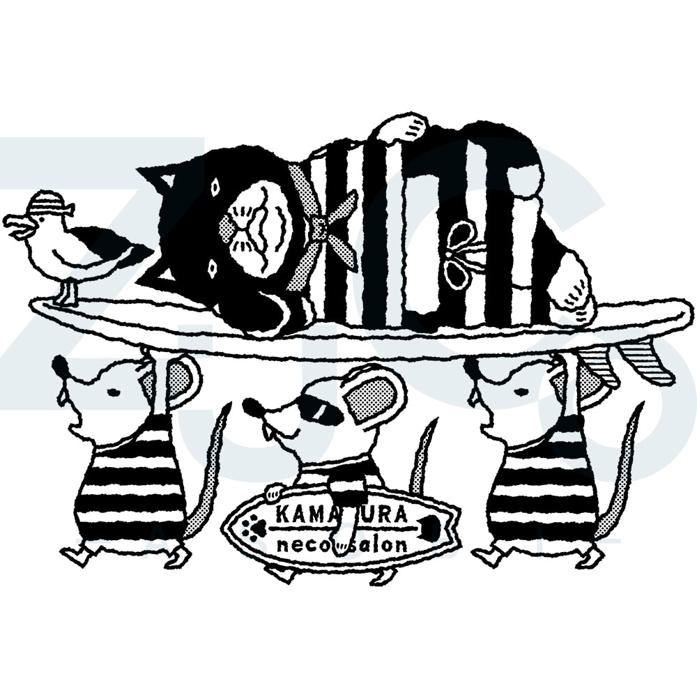 【ご予約商品】鎌倉ねこサロン×ZUCO ASOBI  サーフィン&ネズミ ネコおっさんのTシャツ(ホワイト)