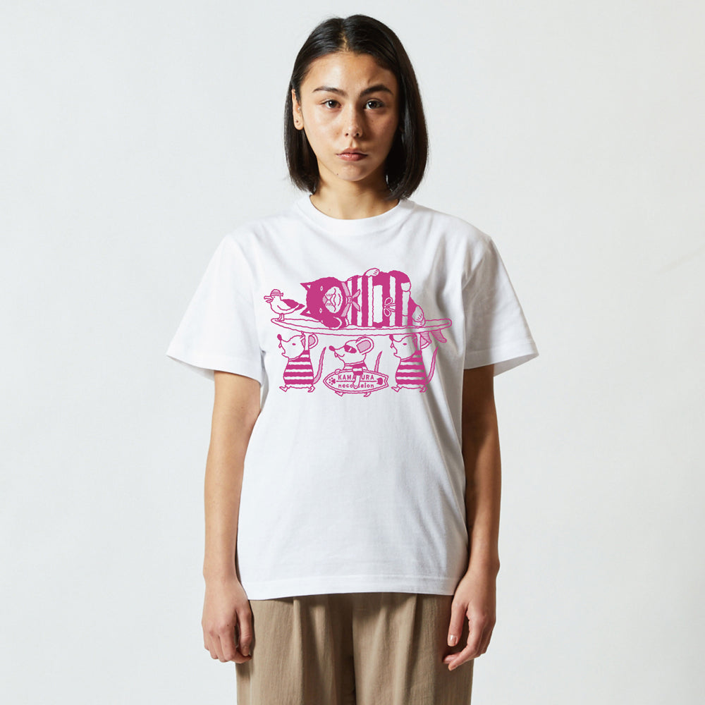 【ご予約商品】鎌倉ねこサロン×ZUCO ASOBI  サーフィン&ネズミ ネコおっさんのTシャツ(ホワイト)