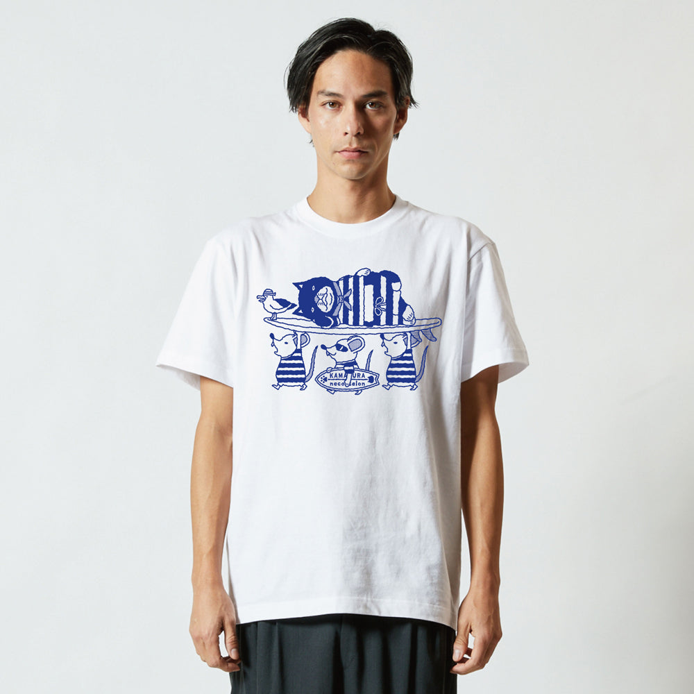 【ご予約商品】鎌倉ねこサロン×ZUCO ASOBI  サーフィン&ネズミ ネコおっさんのTシャツ(ホワイト)