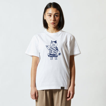 鎌倉ねこサロン×ZUCO ASOBI  サーフィン ネコおっさんのTシャツ（ホワイト）