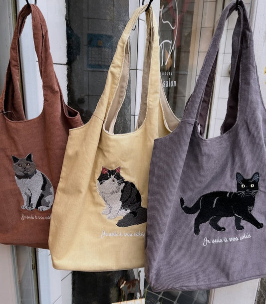 【クロネコは11月中旬頃入荷予定】コーデュロイアニマル刺繍トートバッグ