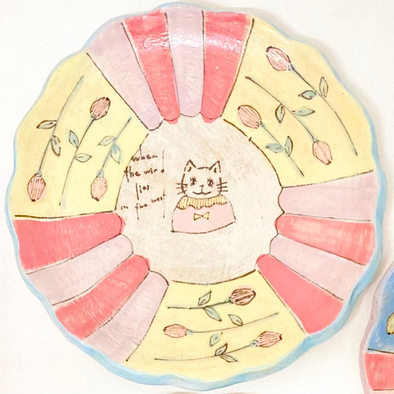 the cozy nook ストライプ．小花柄 真ん中猫モチーフ小皿