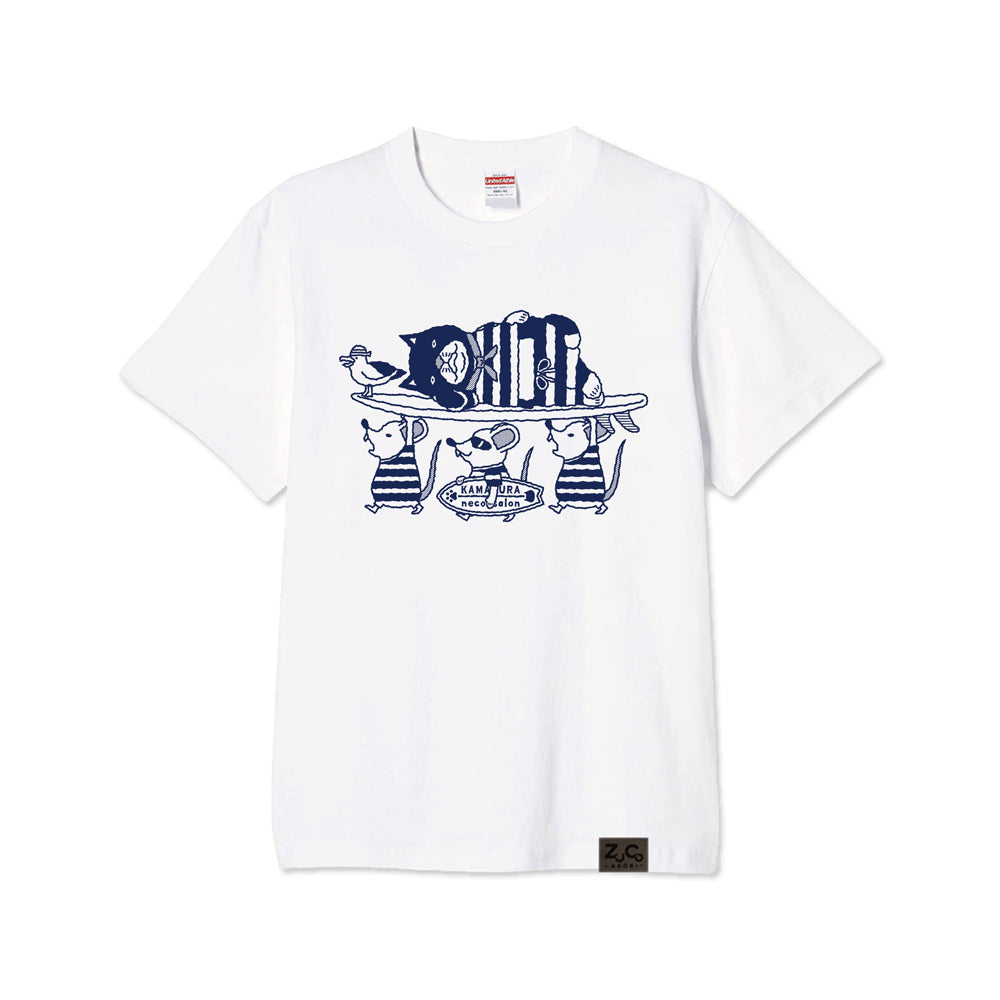 【ご予約商品】鎌倉ねこサロン×ZUCO ASOBI  サーフィン&ネズミ ネコおっさんのTシャツ(ホワイト)