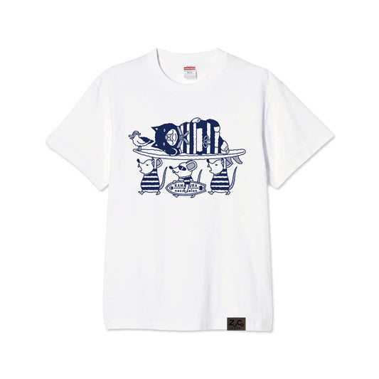 【ご予約商品】鎌倉ねこサロン×ZUCO ASOBI  サーフィン&ネズミ ネコおっさんのTシャツ(ホワイト)
