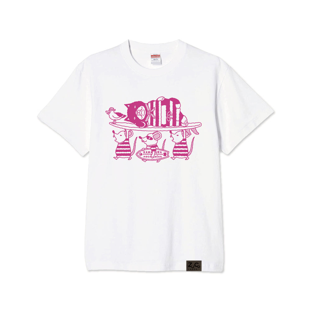 【ご予約商品】鎌倉ねこサロン×ZUCO ASOBI  サーフィン&ネズミ ネコおっさんのTシャツ(ホワイト)