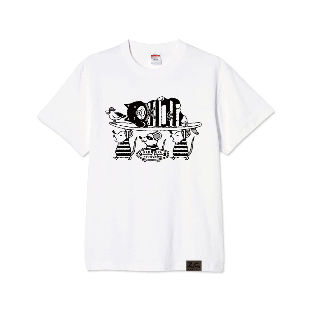 【ご予約商品】鎌倉ねこサロン×ZUCO ASOBI  サーフィン&ネズミ ネコおっさんのTシャツ(ホワイト)