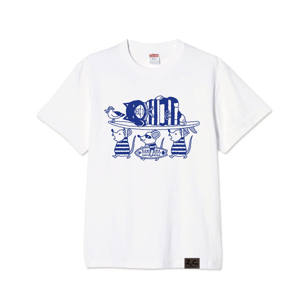 【ご予約商品】鎌倉ねこサロン×ZUCO ASOBI  サーフィン&ネズミ ネコおっさんのTシャツ(ホワイト)