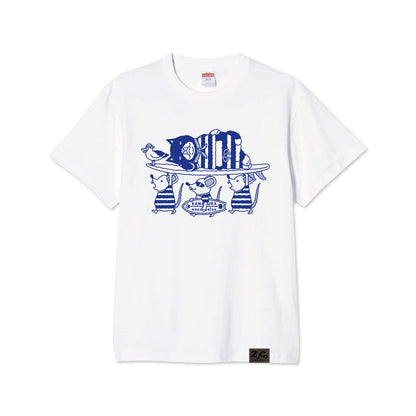 【ご予約商品】鎌倉ねこサロン×ZUCO ASOBI  サーフィン&ネズミ ネコおっさんのTシャツ(ホワイト)